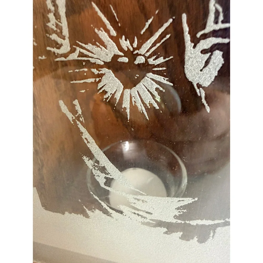 Handcrafted Solid Oak Sacred Heart Jesus Votive Candle Holder Etched Frost Glass